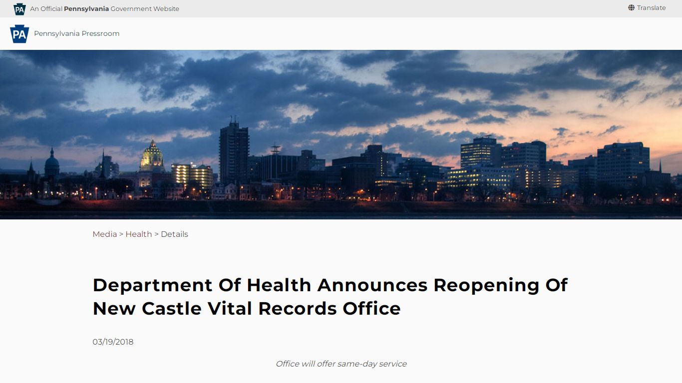 Department of Health Announces Reopening of New Castle Vital Records Office
